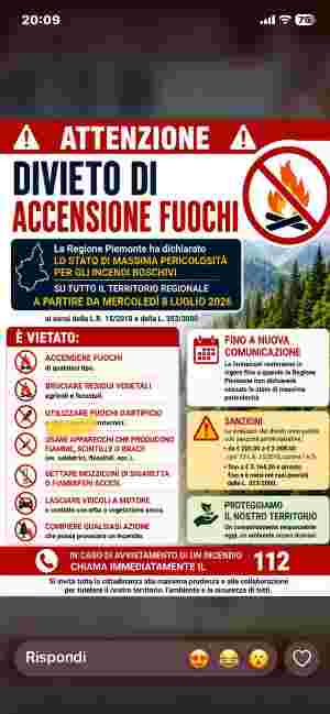 Regione Piemonte massima pericolosità incendi boschivi